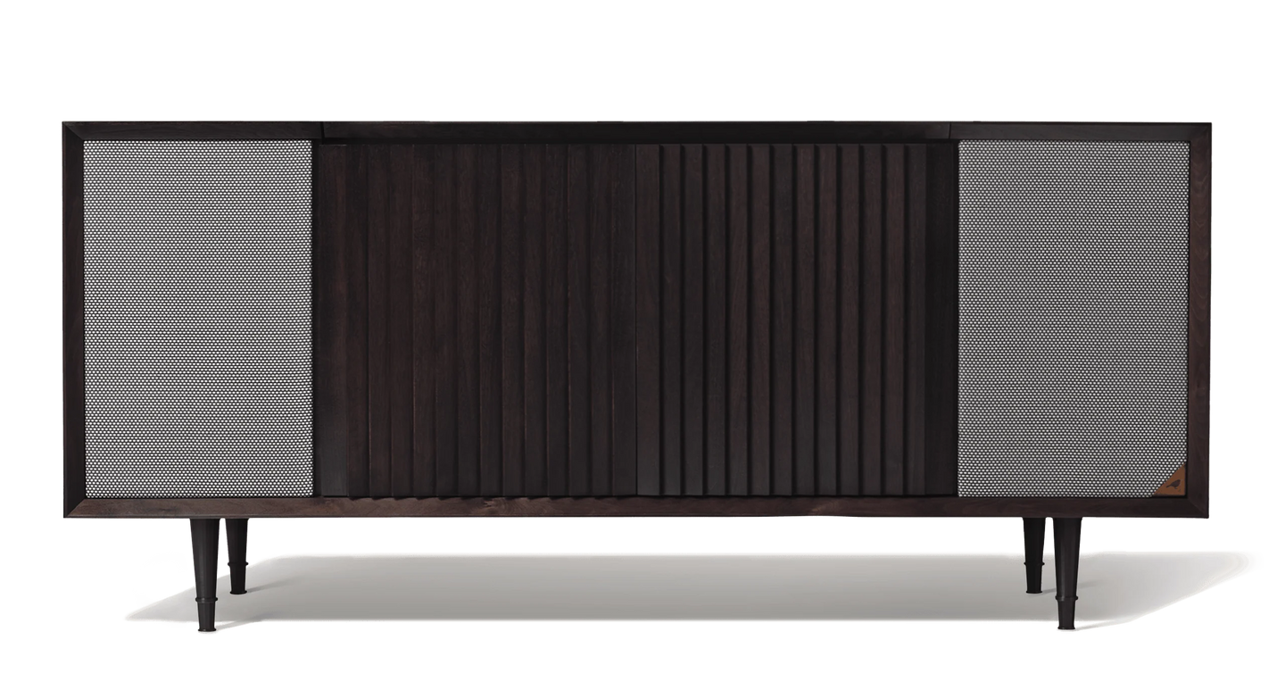 Record console cabinet in our darkest finish. The Wrensilva M1 is a luxury record player cabinet that works with Sonos® and is a hi fi sound system. Storage for 150 albums, the M1 is vintage inspired, but newly reimagined and designed for how we listen to music today.