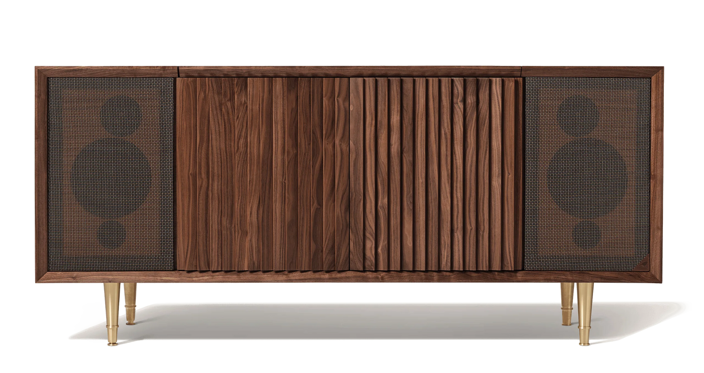 Hi Fi Record console cabinet featuring brass legs. The Wrensilva M1 is a luxury record player cabinet that works with Sonos® and is a hi fi sound system. Storage for 150 albums, the M1 is vintage inspired, but newly reimagined and designed for how we listen to music today.