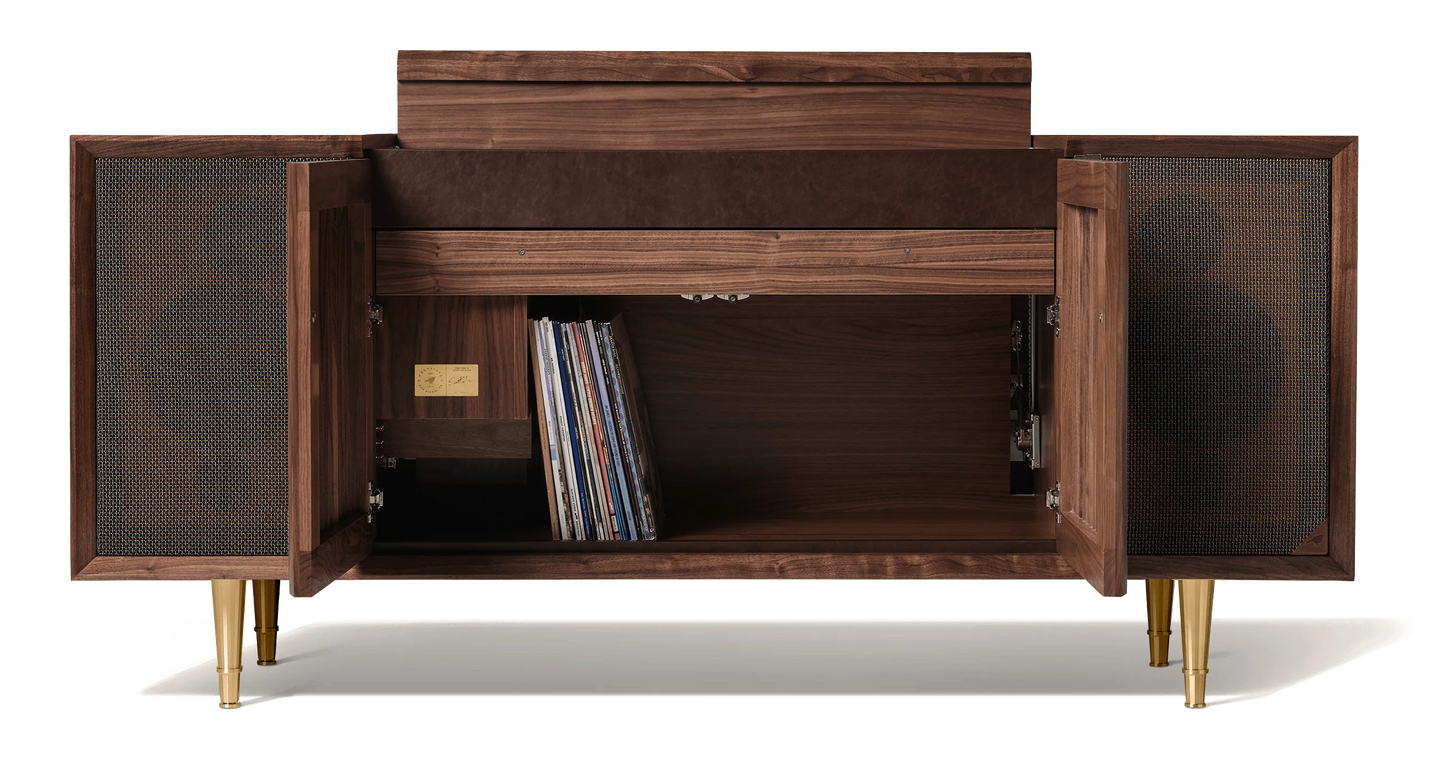Record console cabinet with record storage. The Wrensilva M1 is a luxury record player cabinet that works with Sonos® and is a hi fi sound system. Storage for 150 albums, the M1 is vintage inspired, but newly reimagined and designed for how we listen to music today.