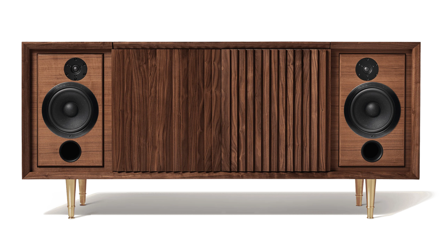 Record console cabinet with built in speakers. The Wrensilva M1 is a luxury record player cabinet that works with Sonos® and is a hi fi sound system. Storage for 150 albums, the M1 is vintage inspired, but newly reimagined and designed for how we listen to music today.