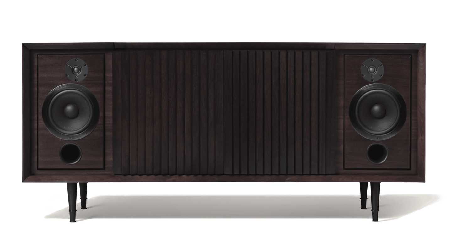 Record console cabinet with built in speakers. The Wrensilva M1 is a luxury record player cabinet that works with Sonos® and is a hi fi sound system. Storage for 150 albums, the M1 is vintage inspired, but newly reimagined and designed for how we listen to music today.