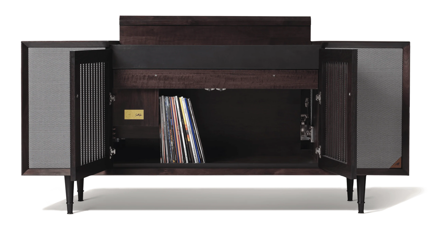 Hi Fi record console cabinet with storage for up to 150 albums.
