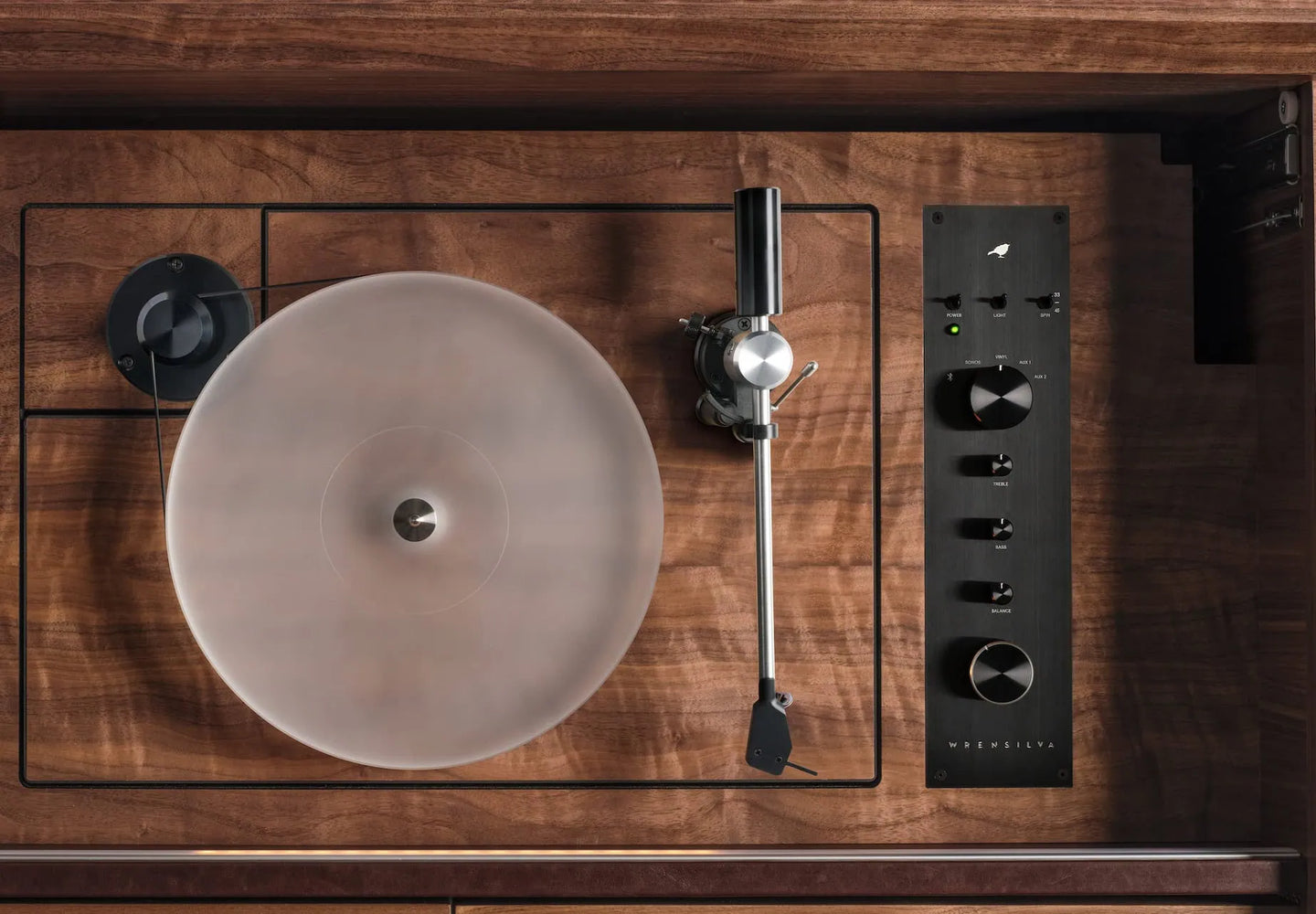 Vinyl turntable record player close up view. The Wrensilva M1 is a luxury record player cabinet that works with Sonos® and is a hi fi sound system. Storage for 150 albums, the M1 is vintage inspired, but newly reimagined and designed for how we listen to music today.