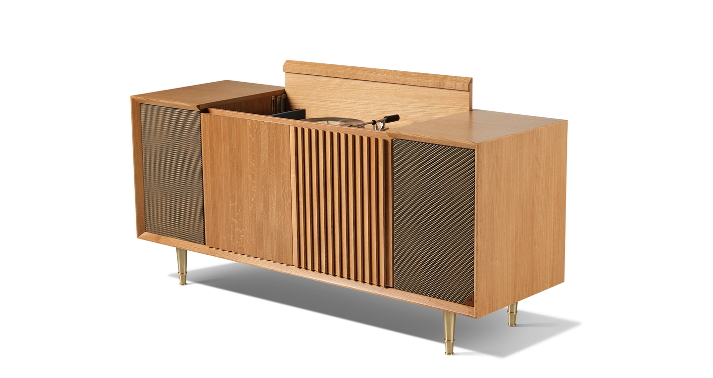 White Oak Hi Fi Record console cabinet feauring vinyl and sonos. The Wrensilva M1 is a luxury record player cabinet that works with Sonos® and is a hi fi sound system. Storage for 150 albums, the M1 is vintage inspired, but newly reimagined and designed for how we listen to music today.