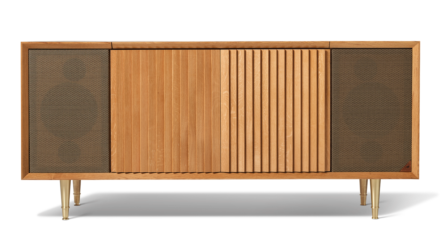 White Oak Hi Fi Record Console Cabinet. The Wrensilva M1 is a luxury record player cabinet that works with Sonos® and is a hi fi sound system. Storage for 150 albums, the M1 is vintage inspired, but newly reimagined and designed for how we listen to music today.