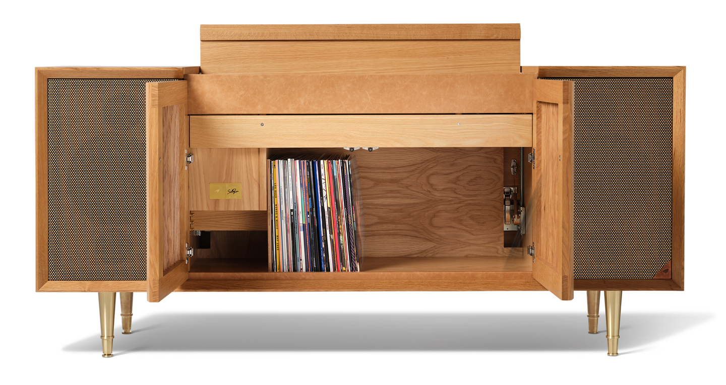 Wooden stereo console with open doors revealing records and speakers on a white background