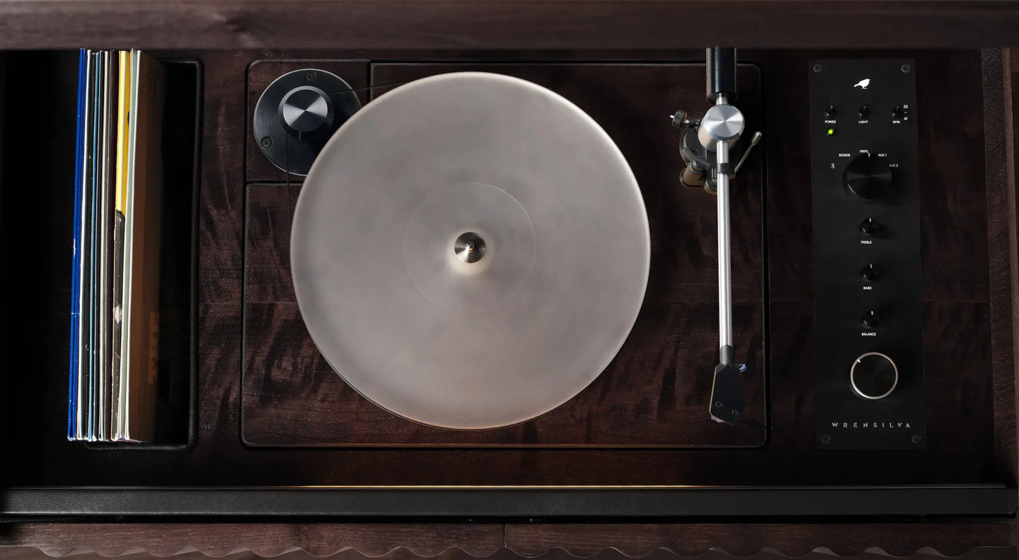 Wrensilva Record Player Cabinet, model The Standard in Tobacco Walnut. View of the record player turntable, also works with Sonos, plus record storage. Built in console cabinet speakers too. The Standard Record Player Console is designed for music lovers.