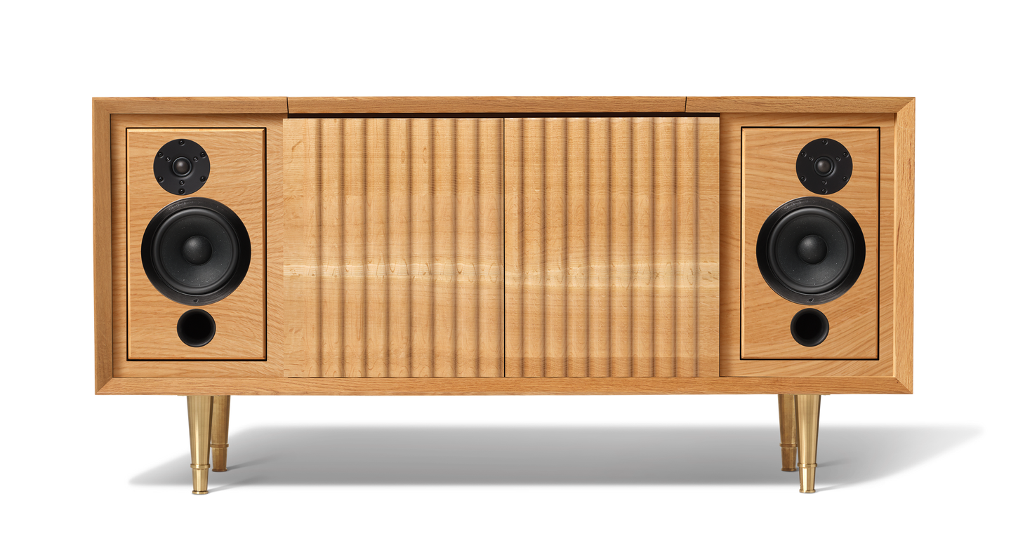 Wrensilva Record Player Cabinet, model The Standard in White Oak. Built in console cabinet speakers too. The Standard Record Player Console is designed for music lovers. Play vinyl, works with Sonos and more.