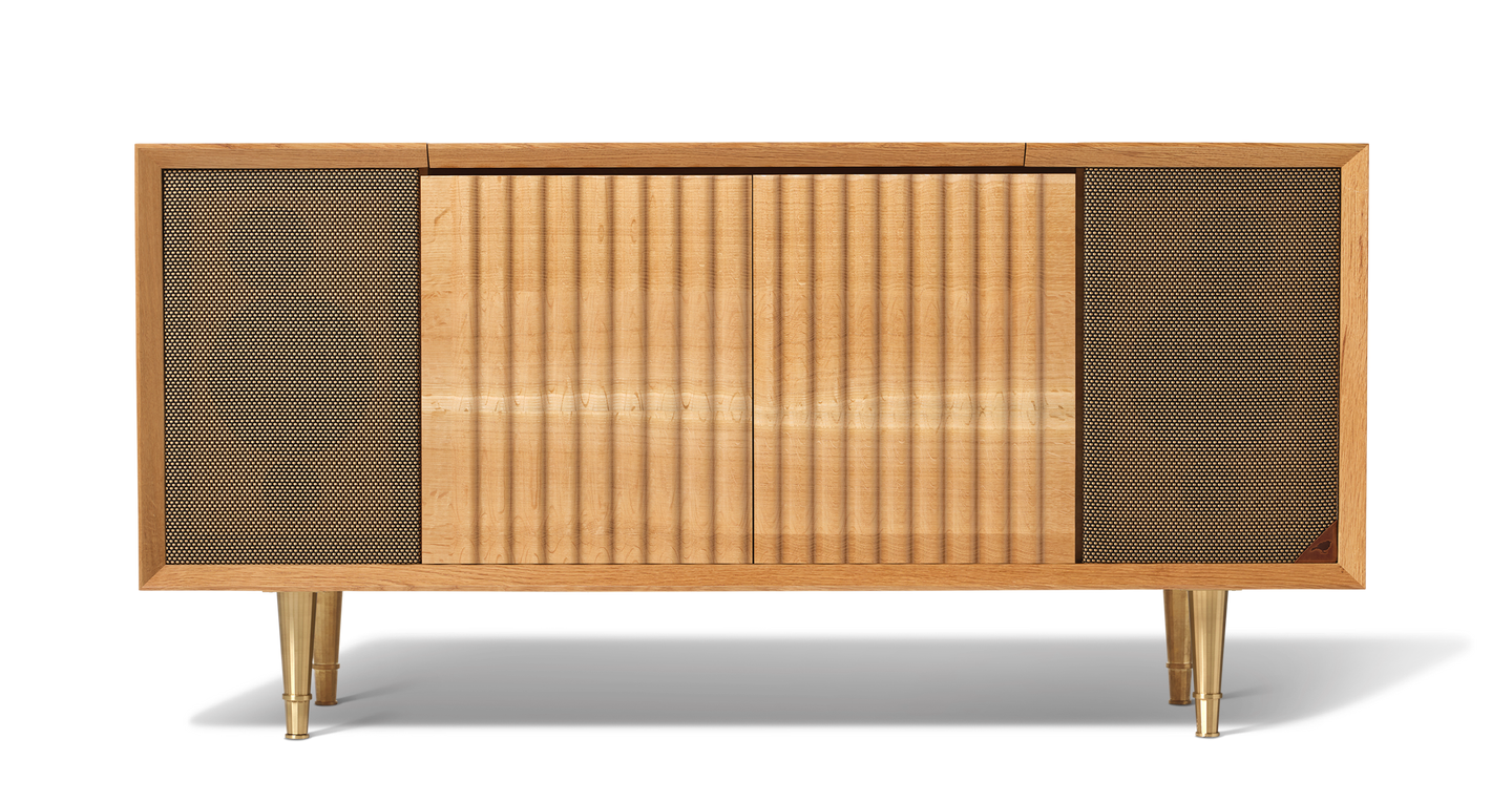 Wrensilva Record Player Cabinet, model The Standard in White Oak. Built in console cabinet speakers too. The Standard Record Player Console is designed for music lovers. Play vinyl, works with Sonos and more.