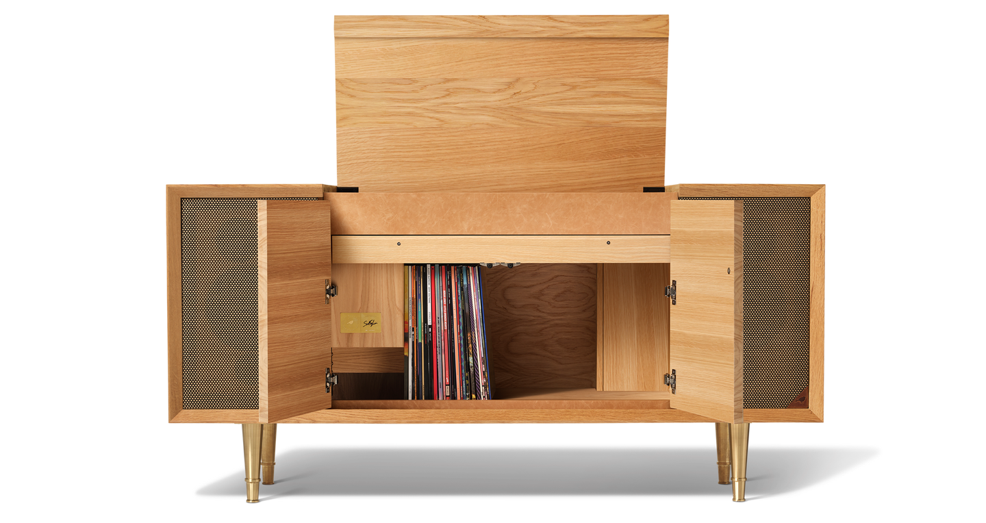 Wrensilva Record Player Cabinet, model The Standard in White Oak. Storage for up to 130 record albums. Built in console cabinet speakers too. The Standard Record Player Console is designed for music lovers. Play vinyl, works with Sonos and more.