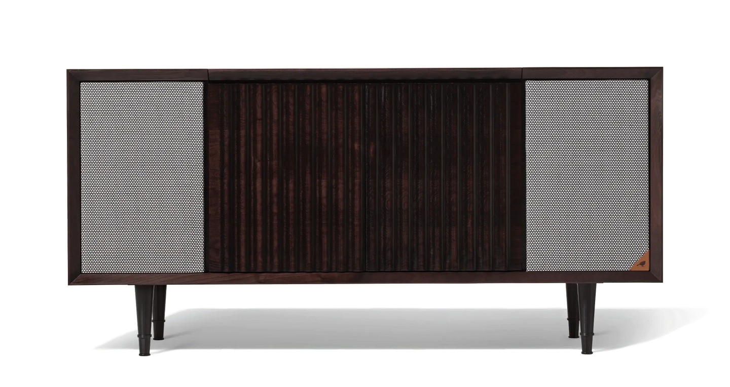 Wrensilva Record Player Cabinet, model The Standard in Tobacco Walnut with black anodized legs. Vinyl and works with Sonos, plus record storage. Built in console cabinet speakers too. The Standard Record Player Console is designed for music lovers.