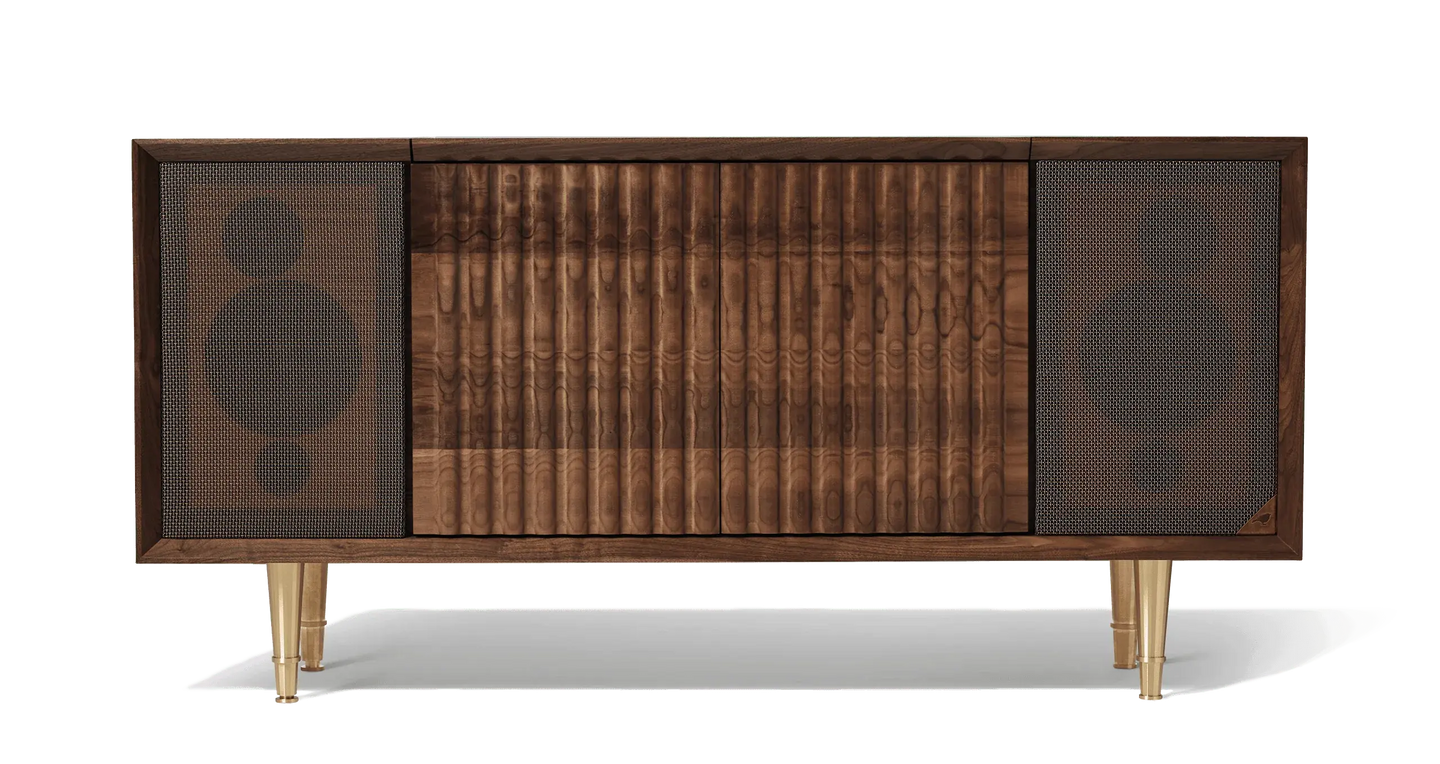 Wrensilva Record Player Cabinet, model The Standard in Natural Walnut with brass legs. Vinyl and works with Sonos, plus record storage. Built in console cabinet speakers too.