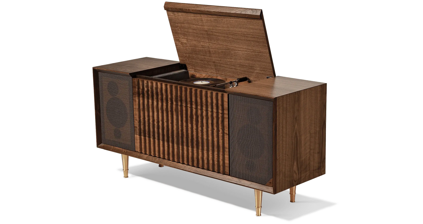 Wrensilva Record Player Cabinet, model The Standard in Natural Walnut with brass legs. Vinyl and works with Sonos, plus record storage. Built in console cabinet speakers too. The Standard Record Player Console is designed for music lovers.