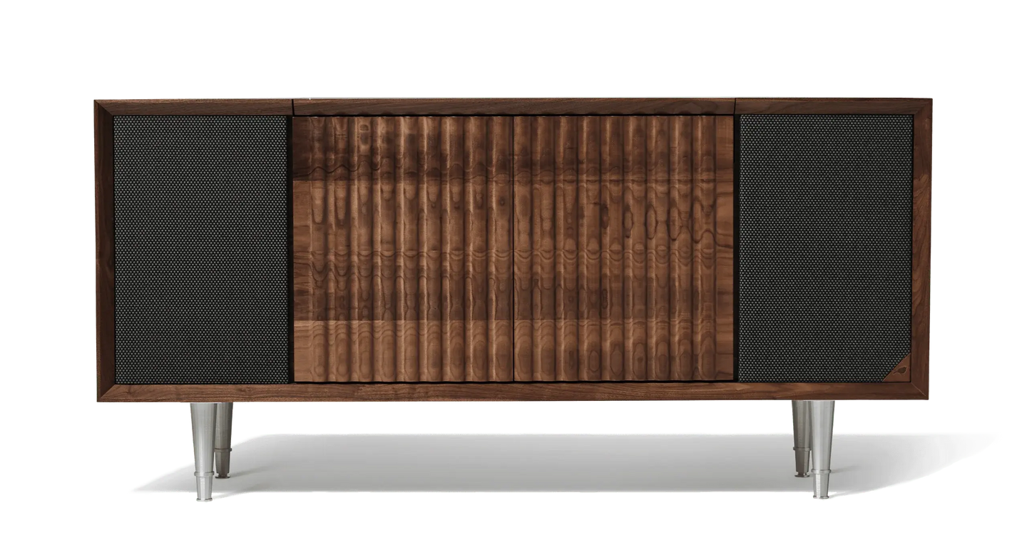 Wrensilva Record Player Cabinet, model The Standard in Natural Walnut. Vinyl and works with Sonos, plus record storage.