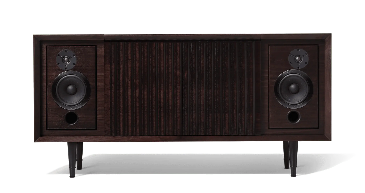 Wrensilva Record Player Cabinet, model The Standard in Tobacco Walnut with black anodized legs. Vinyl and works with Sonos, plus record storage. Built in console cabinet speakers too. The Standard Record Player Console is designed for music lovers.