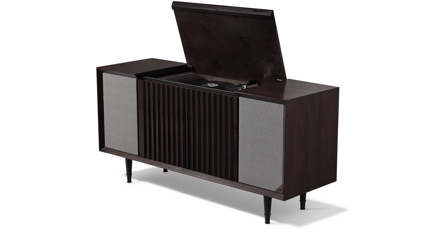 Wrensilva Record Player Cabinet, model The Standard in Tobacco Walnut with black anodized legs. Vinyl and works with Sonos, plus record storage. Built in console cabinet speakers too. The Standard Record Player Console is designed for music lovers.