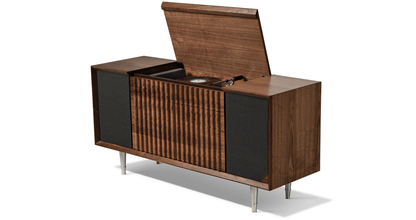 Wrensilva Record Player Cabinet, model The Standard in Natural Walnut. Vinyl and works with Sonos, plus record storage. Built in console cabinet speakers too.