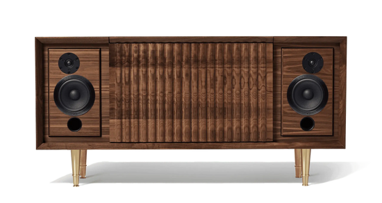 Wrensilva Record Player Cabinet, model The Standard in Natural Walnut with brass legs. Vinyl and works with Sonos, plus record storage. Built in console cabinet speakers too. The Standard Record Player Console is designed for music lovers.