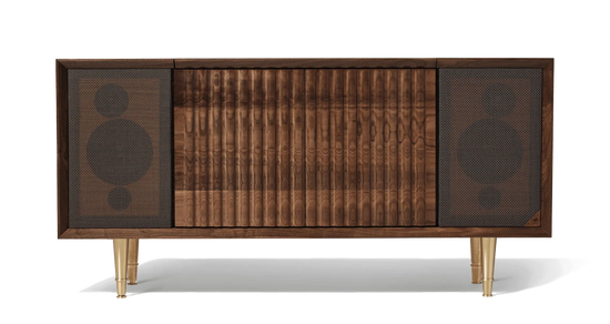 Wrensilva Record Player Cabinet, model The Standard in Natural Walnut with brass legs. Vinyl and works with Sonos, plus record storage. Built in console cabinet speakers too.